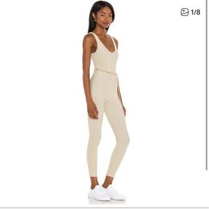 WeWoreWhat XS Cream Ribbed Jumpsuit with Chain Belt